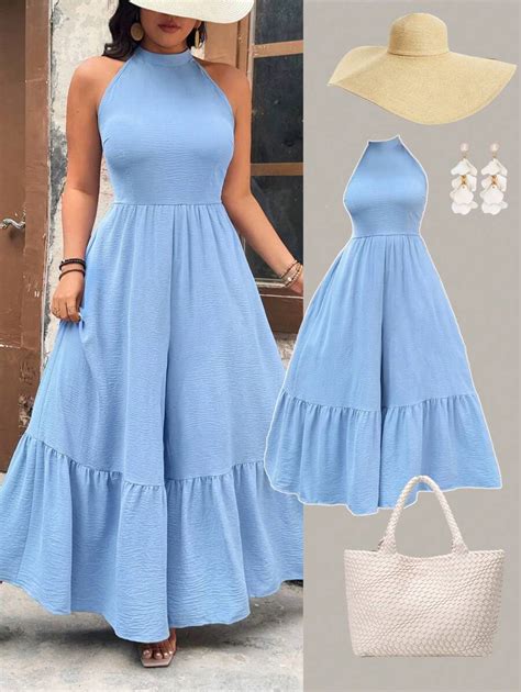 Breezaya Plus Size Women's Fashionable Blue Vacation Halter Loose Wide ...
