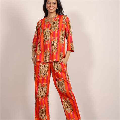 Orange and Multi Tropical Summer Printed Two Piece Sets Kurta Style V ...