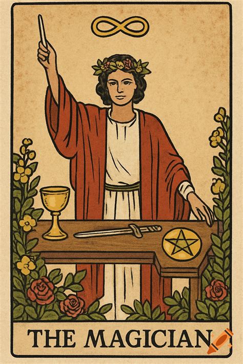 Illustration of The Magician tarot card featuring a figure holding a ...