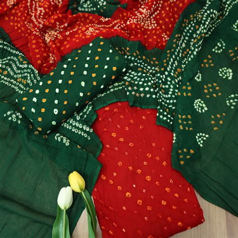 Sohini Bright Red All Over Authentic Bandhej Work Cotton Suit Set ...