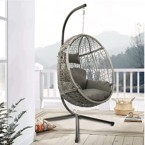 LHBcraft Indoor Home Outdoor Swing Egg Chair with Stand, Patio Wicker ...