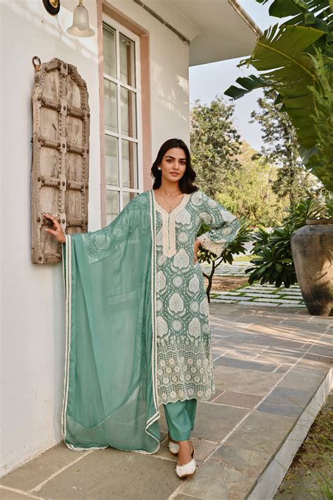 Karaj Jaipur Aqua Green Muslin Schiffali Kurta Set – Dogri Designs ...