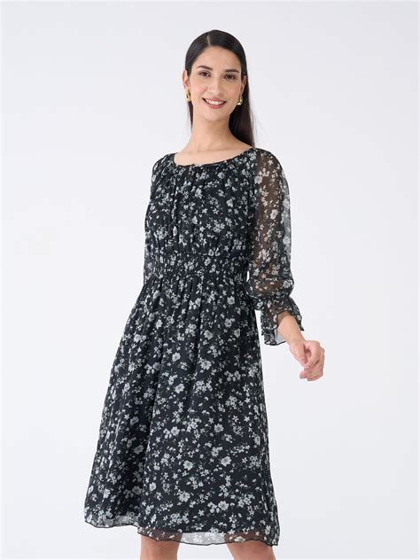 Buy Clary Floral Fit and Flared Dress-Black/White Color | Dresses for ...