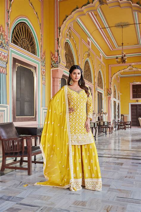 Yellow Chinon Silk Plazzo Suit with Hand, Machine & Mirror Work – RUTU