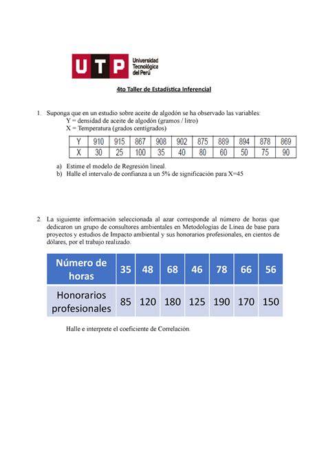 S16.s1 Taller 4 regresión lineal - 4to Taller de Estadística Inferencial Suponga que en un ...