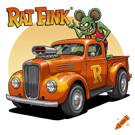 Cartoon of Rat Fink standing on an orange hot rod truck with flames and ...
