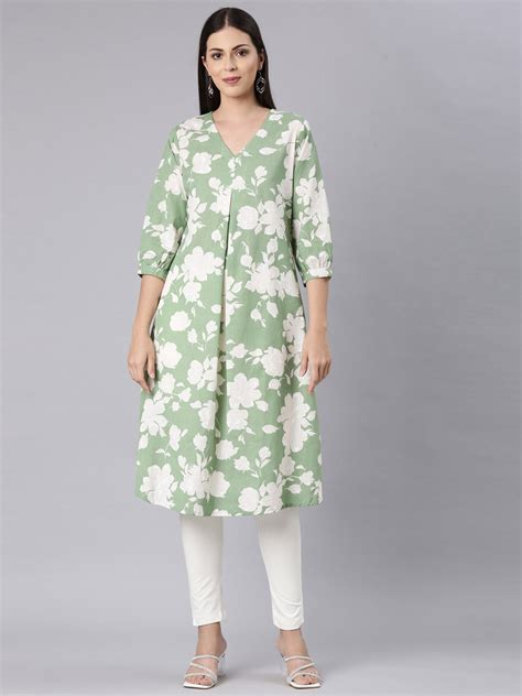Neerus Green Curved Casual Floral Anarkali Kurtas – Neerus India