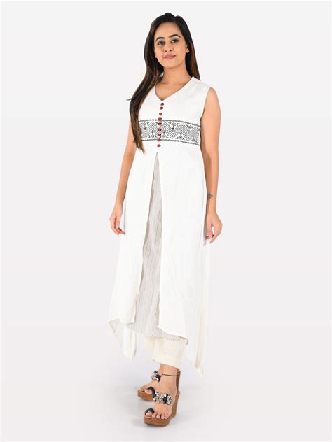 Neerus Women White Brown Woven Design Asymmetric A-Line Kurta – Neerus ...