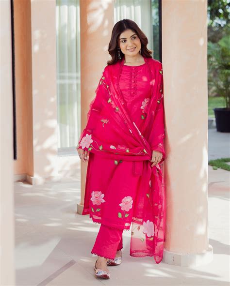 Shop Meadow Magenta Handpainted Chanderi Suit Set for Women Online in ...