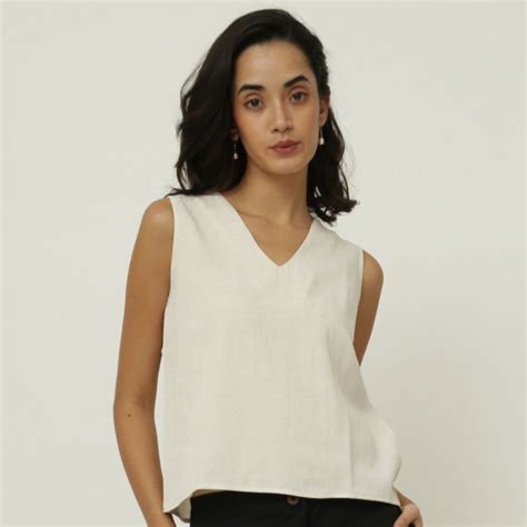 Vanilla white sleeveless shell tops with v-neck for women | Buy online ...