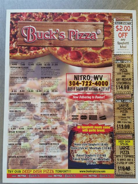 Menu at Buck's Pizza restaurant, Nitro, 505 1st Ave S A