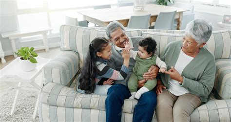 Premium Photo | Grandparents relax and grandchildren on sofa for high ...