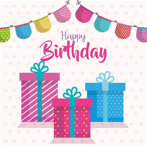 Gelukkige verjaardagscadeau en slingers viering kaart | Premium Vector