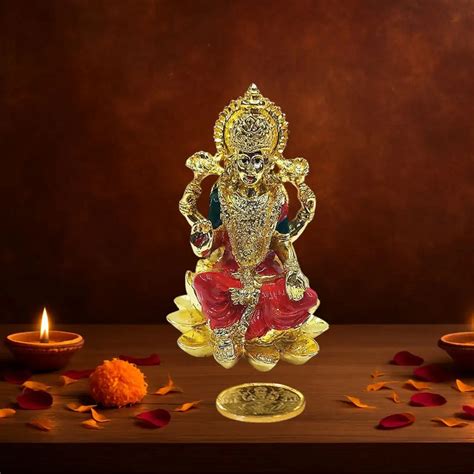 Kamal Laxmi Gold Plated Idol for Mandir | Orange Enamel with Coin 3.7