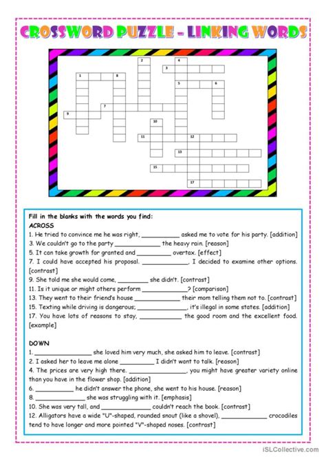 Crossword Puzzle - Linking Words: English ESL worksheets pdf & doc