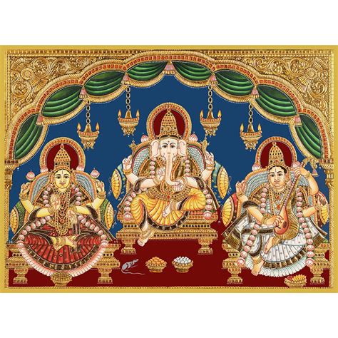 AllZon Ganesha Saraswathi Lakshmi 3 God Printed Tanjore Art Photo Frame ...