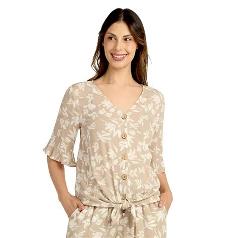 Women's AB Studio Elbow Sleeve Button-Front Tie Hem Top