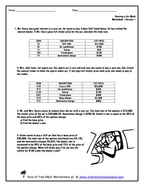 Owning A Car Math Worksheet Version 1 Answers - Fill and Sign Printable ...