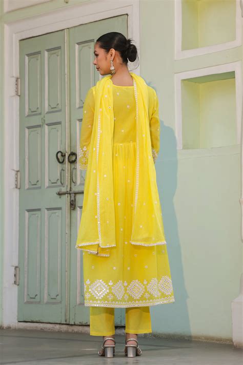 Shop Lemon Mulmul Mirror Embroidered Angrakha Suit Set- Elegant Ethnic ...
