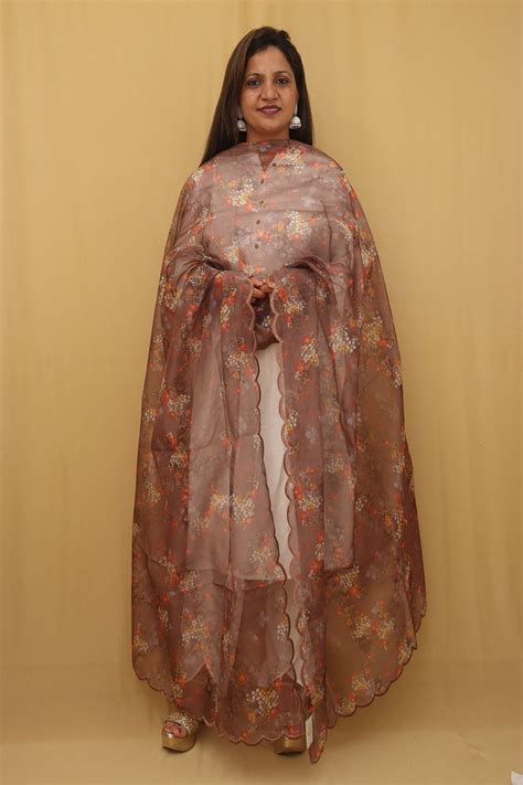 Stunning Brown Organza Silk Dupatta with Scalloped Border - Shop Now!