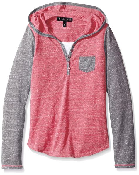 Derek Heart Big Girls' L/Slv Henley Hoody with Elbow Patches, Regent ...
