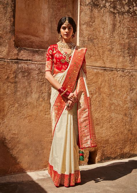 Handloom Banarasi Silk Red and White Saree – Sunasa