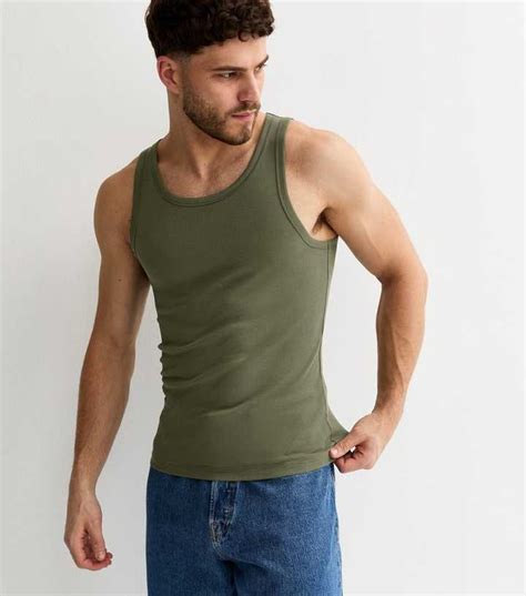 Dark Khaki Muscle Fit Ribbed Jersey Vest | New Look