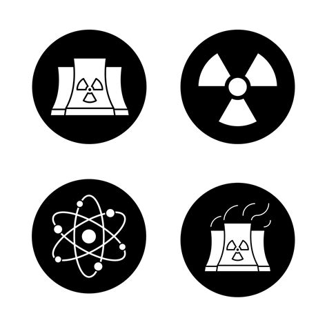 Atomic energy icons set. Nuclear power plant with smoke, radiation and ...