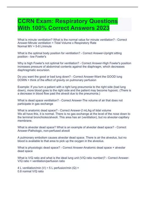 CCRN Exam: Respiratory Questions With 100% Correct Answers 2023 - CCRN ...