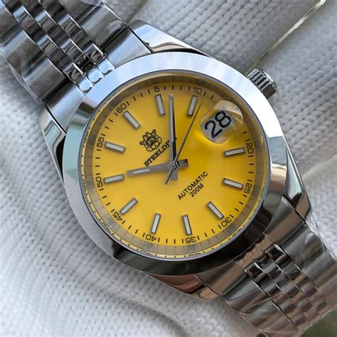 Steeldive SD1934 Vintage Diver Watch - Yellow Dial With Jubilee Bracel ...