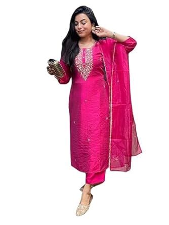 Buy Naixa Women's Rani Chanderi Viscose Embroidered Straight Kurta with ...