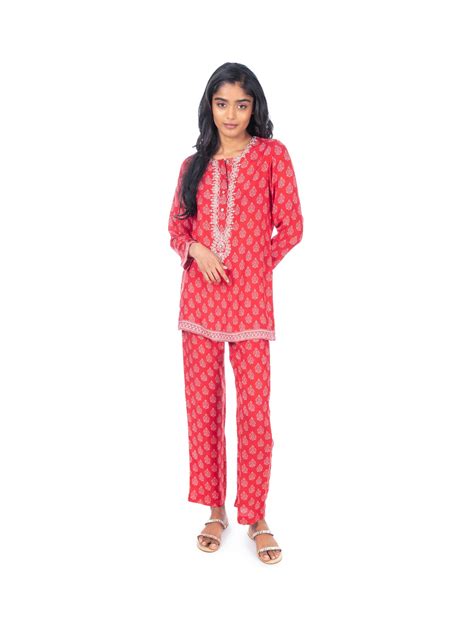 Red Block Printed Kurti & Pant Set – Monisha Jaising
