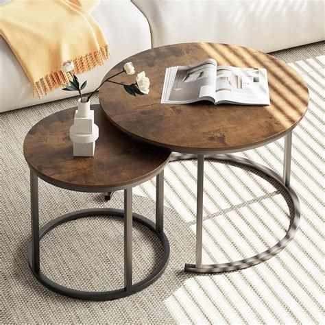 Amazon.com: aboxoo Coffee Table Nesting Round Table Set of 2 Side Table with Sturdy Metal Frame ...
