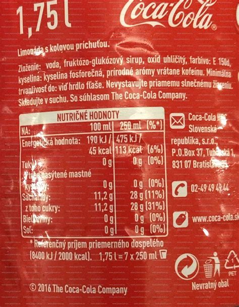 Coca-Cola 45 kcal 190 kJ 100ml Kalorická tabuľka potravín