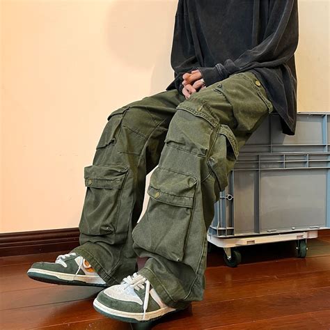 Men s baggy multi pocket cargo pants l army green – Artofit