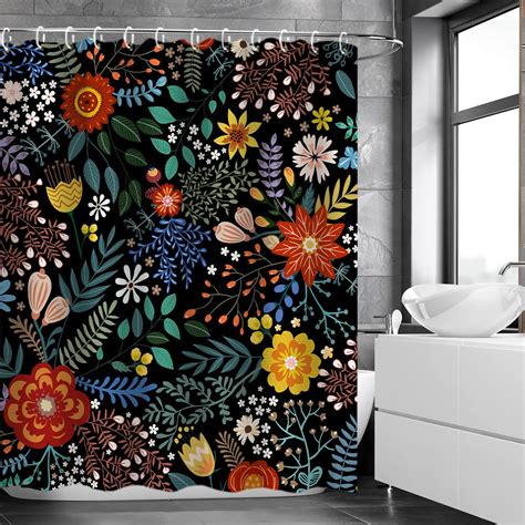 Bungalow Rose Black Floral Shower Curtain For Bathroom Flower Shower ...