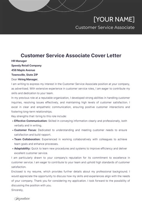 Free Customer Service Associate Cover Letter Template to Edit Online