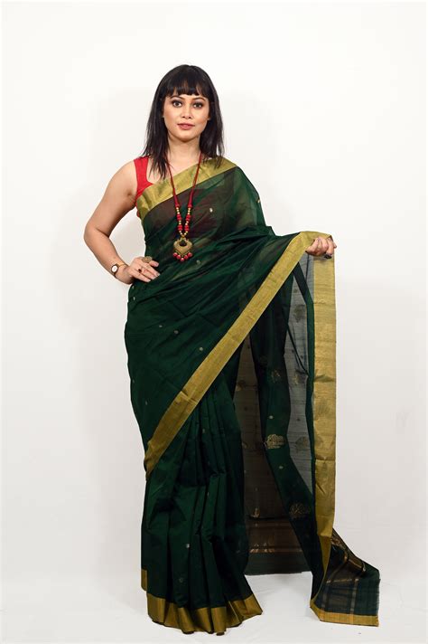 Bottle Green Pure Silk Cotton Chanderi Saree – My Store