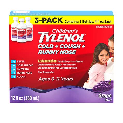 Children's Tylenol Cold + Cough + Runny Nose Medicine, Grape Flavor, 3 ...