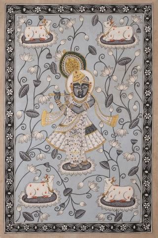Hand-painted Pichwai Painting of Lord Shrinathji with Kamdhenu (Made to ...