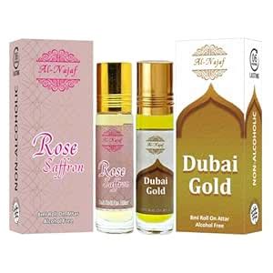 Al Najaf 8 ml Roll on Attar | Rose Saffron | Dubai Gold | Combo of 2 ...