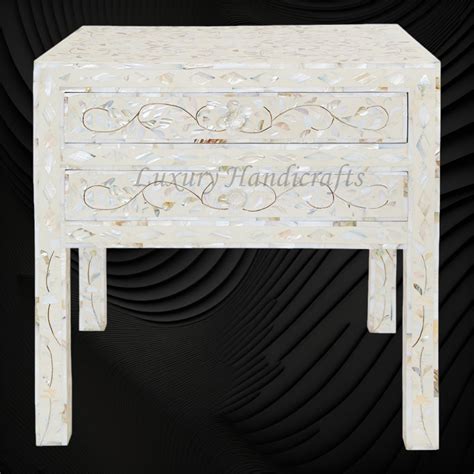 MOP Inlay Floral 2 Drawer Bedside Long Leg Ivory – Luxury Handicrafts