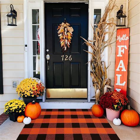 Fall Outdoor Rug Orange Buffalo Plaid Outdoor Rug Cotton Hand-Woven ...