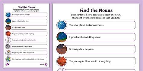 Space-Themed Find the Nouns Worksheet - Twinkl