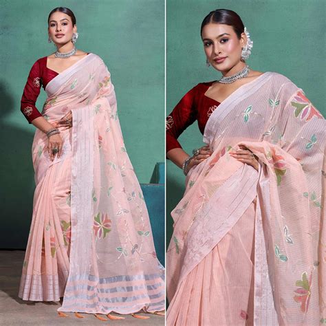 Peach Gota patti Embroidered Linen Saree With Tassels