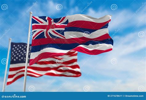 Flag of Hawaii State, Usa in Front of Official Flag of US at Cloudy Sky ...