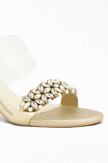 Buy Gold Embroidery Pearls Embellished Block Heels by Signature Sole ...