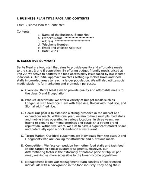 Business Plan - Bente Meal - I. BUSINESS PLAN TITLE PAGE AND CONTENTS ...