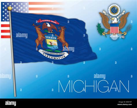 Michigan federal state flag, United States, on the blue sky with us ...