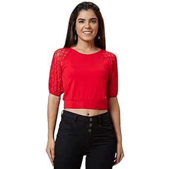 Globus Women Red Solid Round Neck Blouson Crop Top : Amazon.in ...